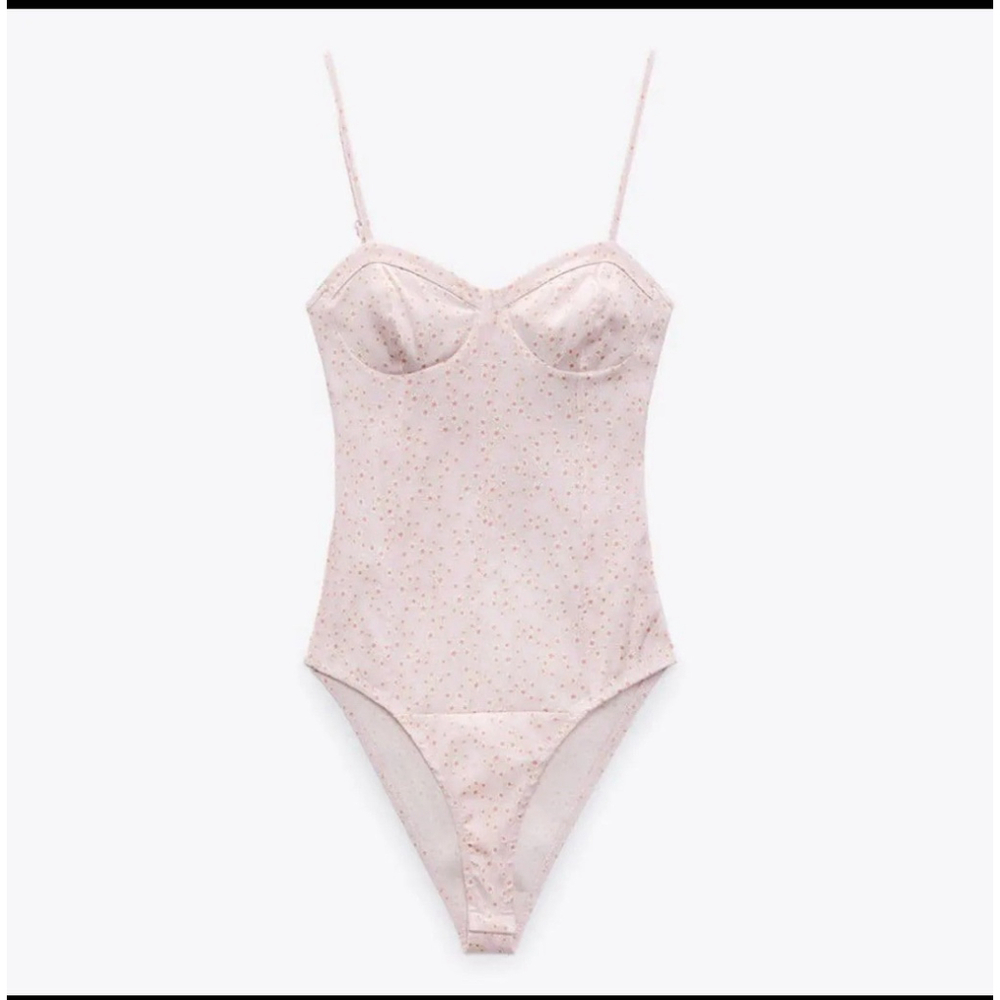 ZARA Pink & White Floral Corset Bodysuit Small Satin Effect Ditzy Floral‎ Size L